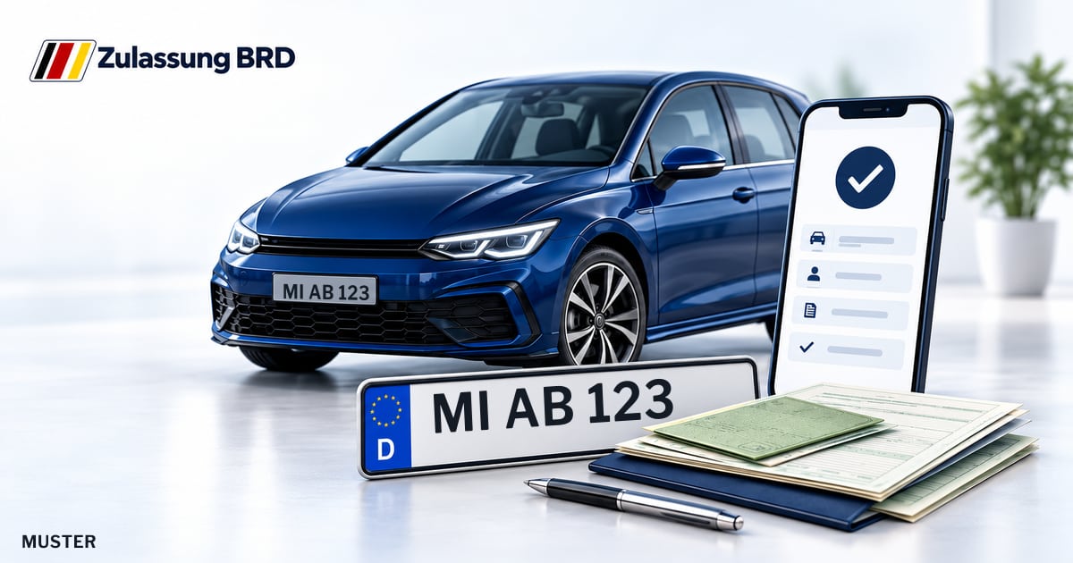 Online Fahrzeugzulassung in Petershagen: Musterkennzeichen MI AB 123, Auto und Fahrzeugpapiere und Smartphone. Illustration mit Logo von Zulassung BRD.